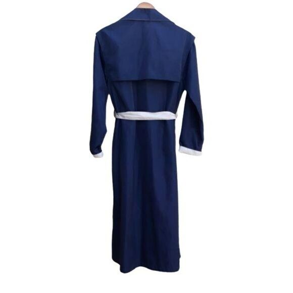 Vtg 80's Womens 6L Trench Coat Long Belted Sailor Back Color Block Black Cream - Picture 2 of 13